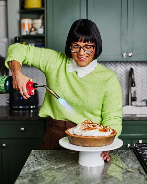 Woman torching meringue on a pie with a blowtorch in a kitchen. The woman wears glasses and a lime-green sweater. Indoor kitchen setting.