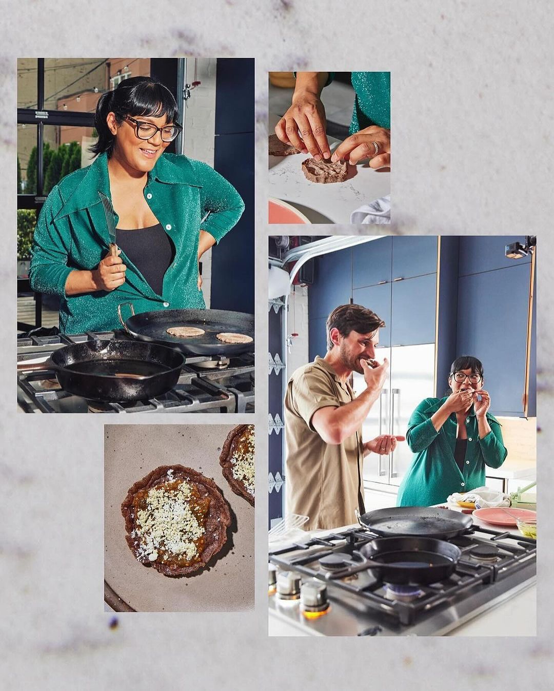 Woman in green cooking next to man eating; food is being prepared on stove and counter in a kitchen setting, indoor location.