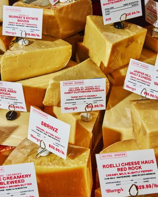 Selection of various cheeses, including gouda and cheddar, displayed with price tags, showcasing culinary variety and market freshness.