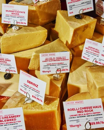 Selection of various cheeses, including gouda and cheddar, displayed with price tags, showcasing culinary variety and market freshness.