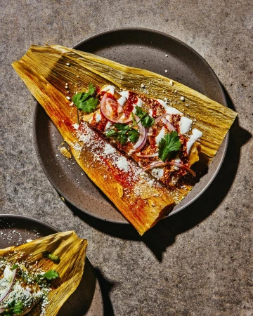 Overhead shot of a beautifully plated tamale on a gray plate, garnished with onions, cilantro, cheese, and sauce, atop a textured surface.