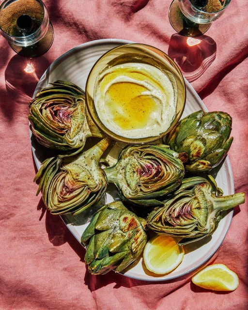 Overhead food photography of artichokes and dipping sauce on a plate, placed on a pink linen tablecloth with natural window light.