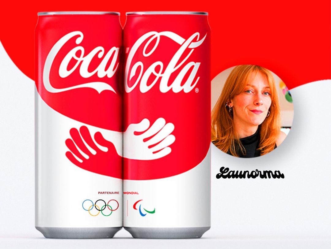 Two Coca-Cola cans with a hug design, positioned against a red and white background, alongside a headshot of a woman in a circle.