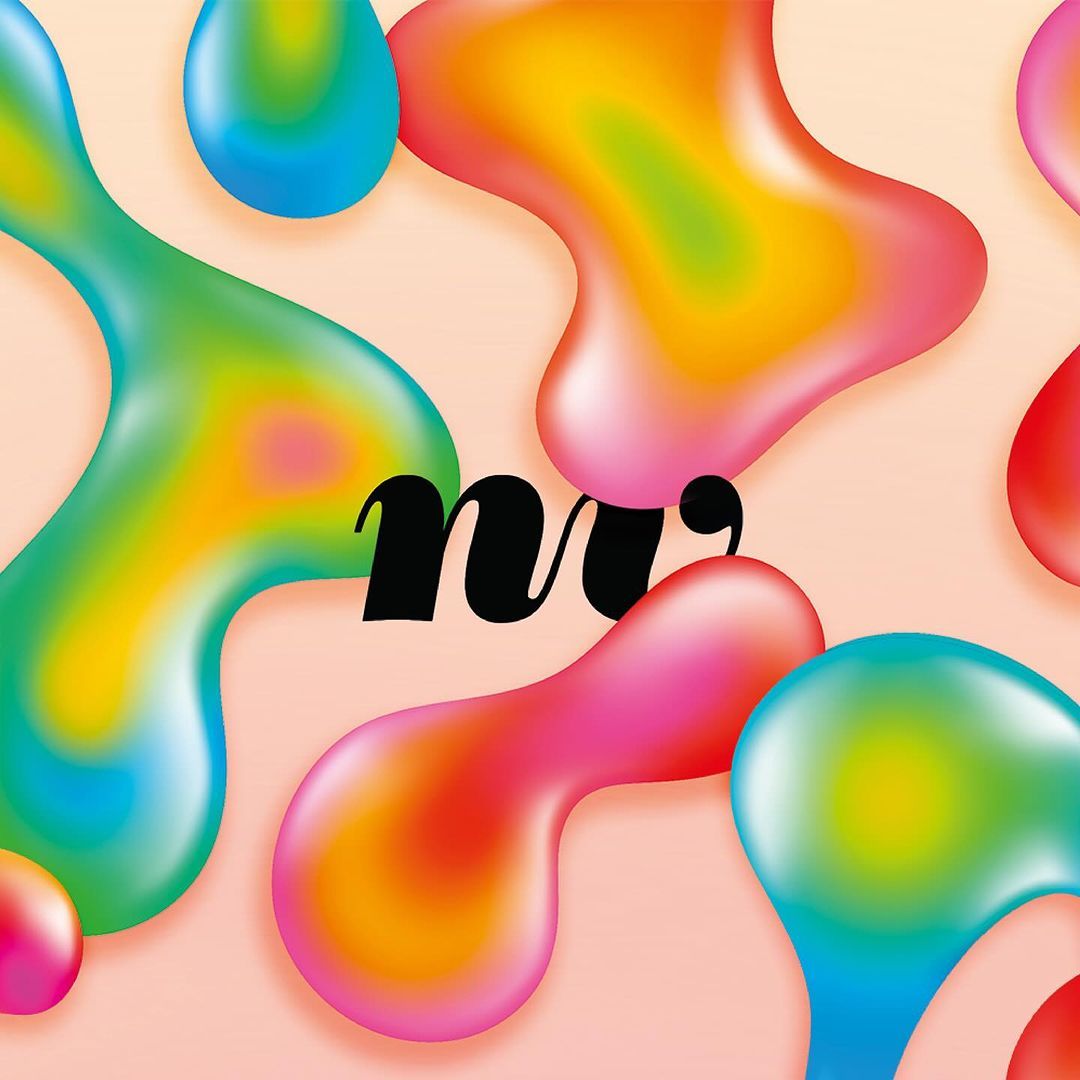 Colorful abstract digital art featuring fluid, rounded shapes in blue, green, orange, pink, and red hues, set against a light peach background.