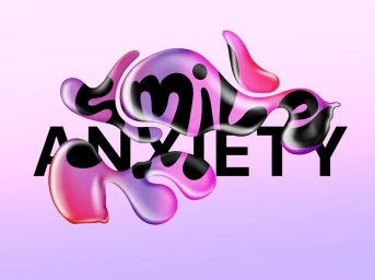 Digital illustration by Laura Normand featuring the word smile in liquid pink and purple font over black anxiety text against a pink gradient background.