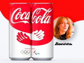 Two Coca-Cola cans featuring a red and white hand-hug graphic next to a circular portrait of illustrator Laura Normand