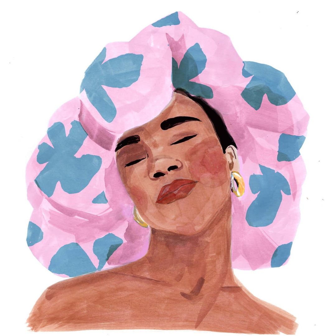 Illustration of a woman with closed eyes wearing gold hoop earrings and a shower cap with pink and teal flower patterns.