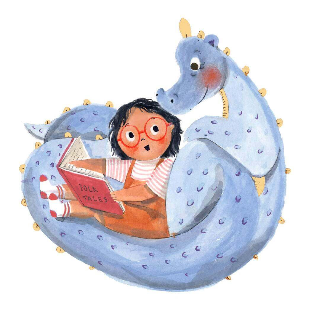 Illustration of a young child with red glasses reading a book to a friendly blue dragon with golden accents on a white background.