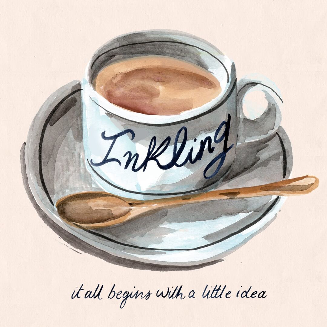 Watercolor illustration of a cup of coffee on a saucer with a wooden spoon, featuring the text 'Inkling' and a tagline.