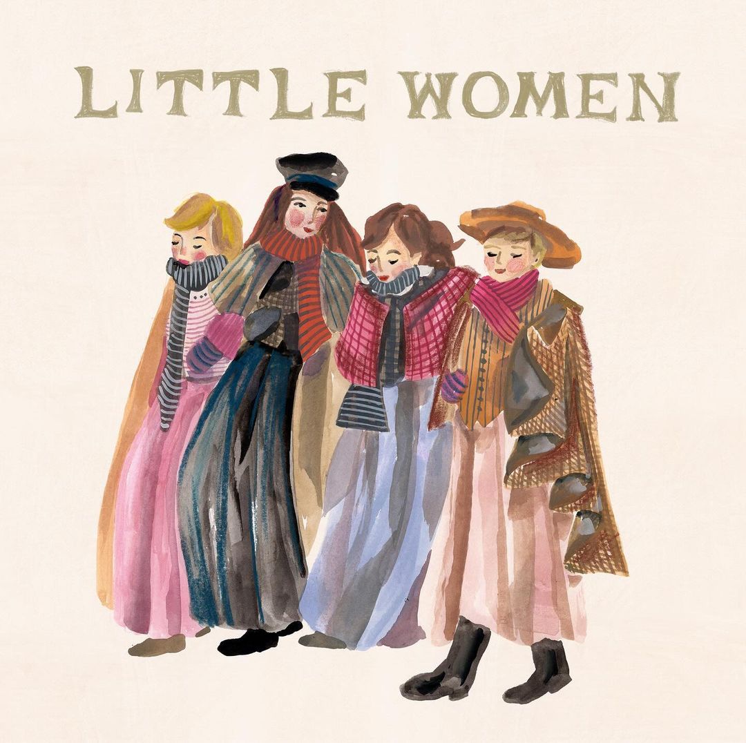 Watercolor illustration of four women in vintage clothing walking together, with 'Little Women' text overlay, soft colors and textures.
