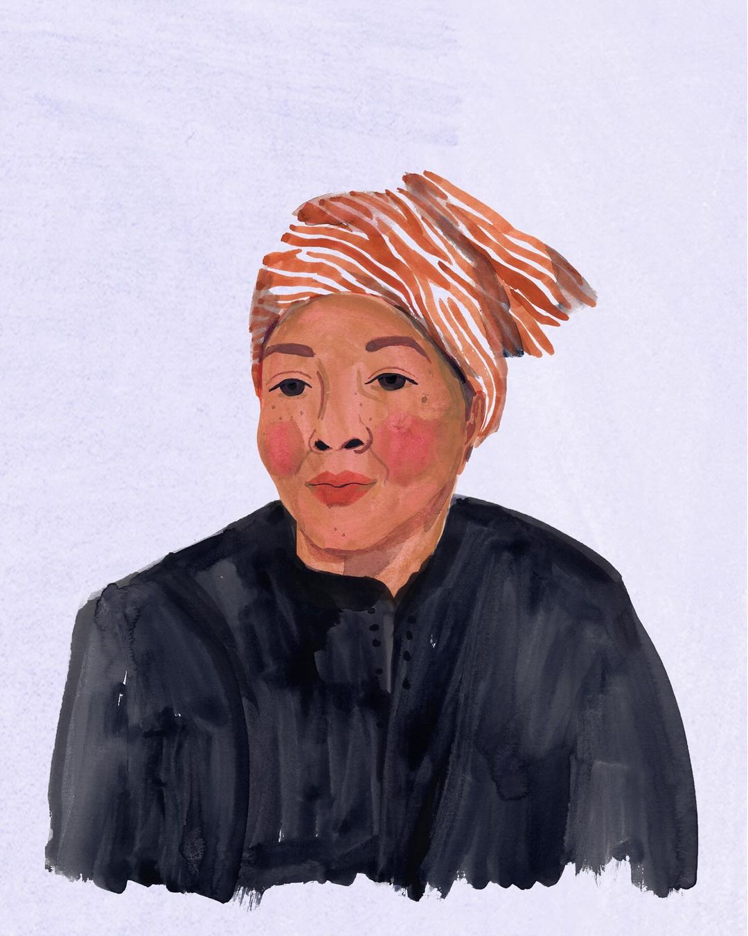 Illustration of an adult woman with a patterned headscarf and a dark top, painted in watercolor style on a light blue background.