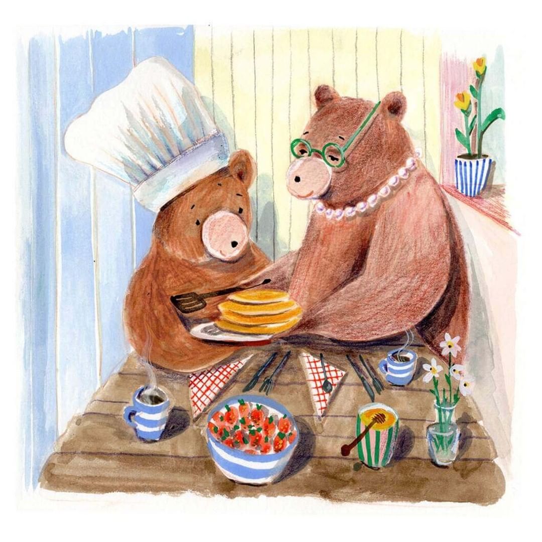 Illustration of two brown bears preparing pancakes, one wearing a chef's hat and the other wearing glasses and a pearl necklace.