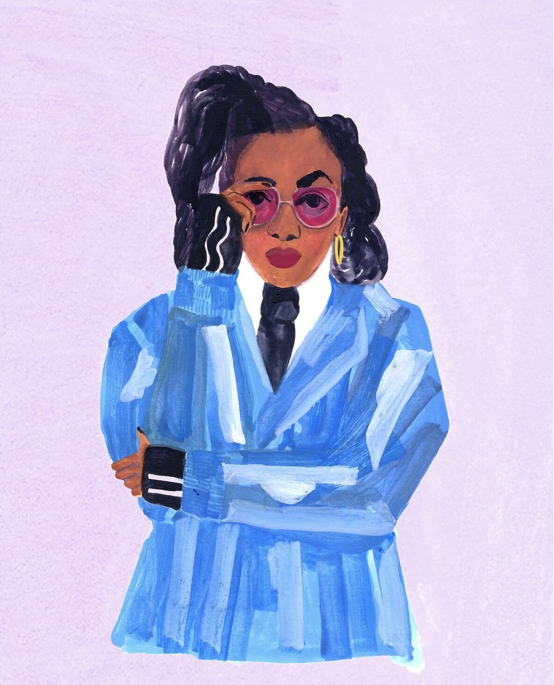 Illustration of a Black woman in a blue suit and tie, wearing pink sunglasses and gold hoop earrings, against a light purple background.
