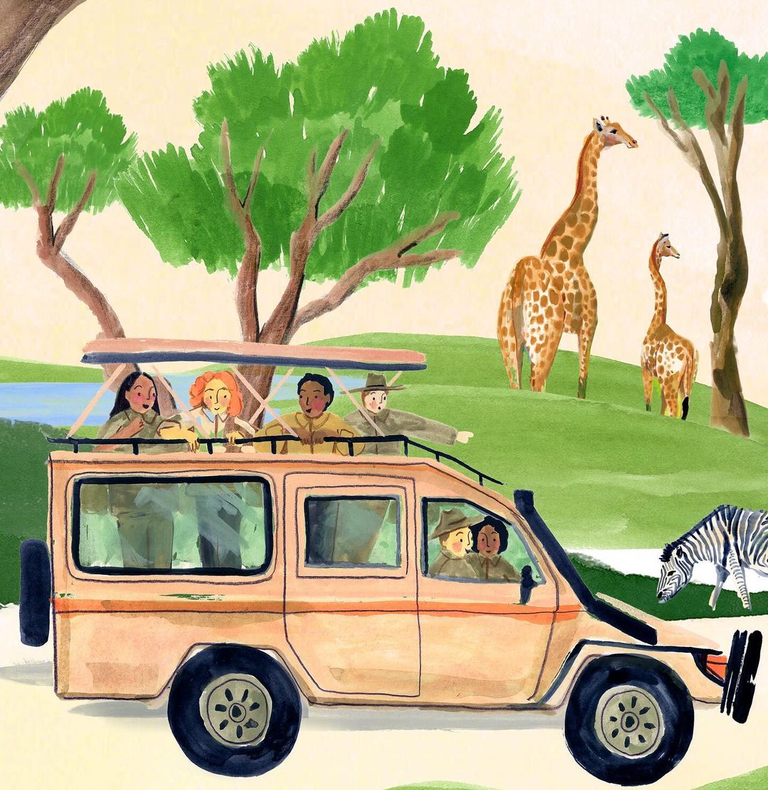 Illustration of safari jeep with people viewing giraffes and zebras in a grassy landscape under a light sky with scattered trees.