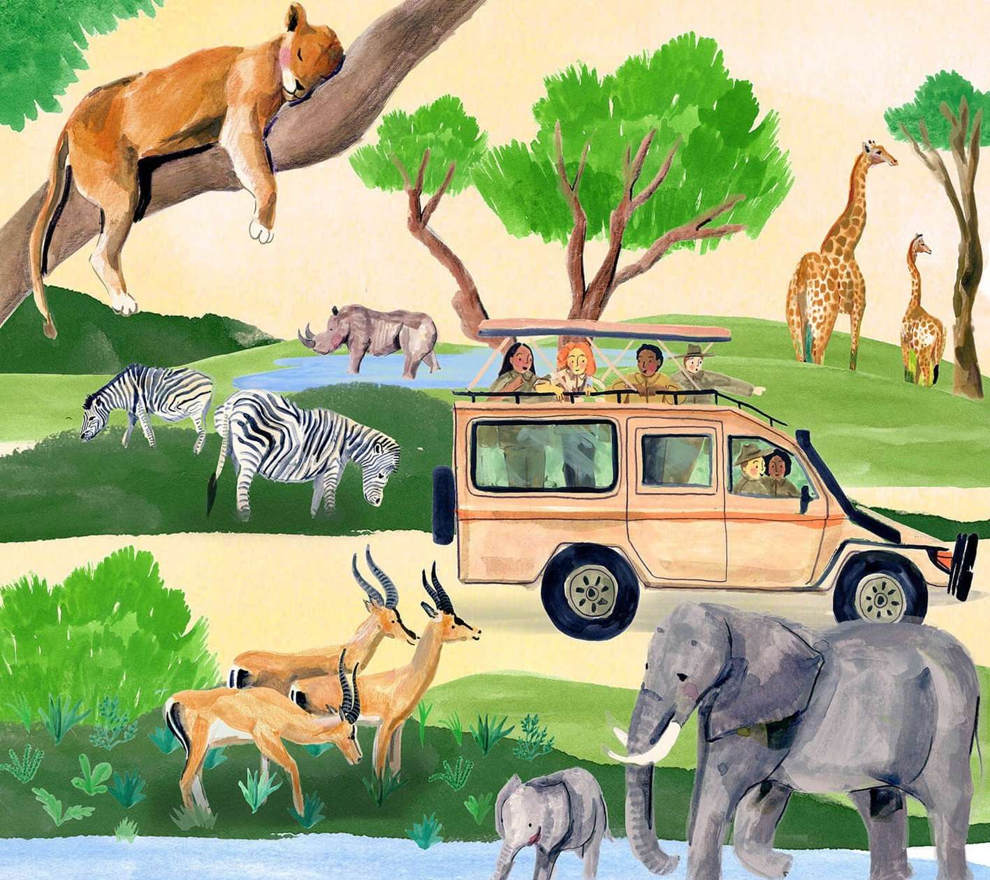 Watercolor illustration featuring a safari jeep with tourists, various African animals including elephants, giraffes, lions, zebras, and antelopes.