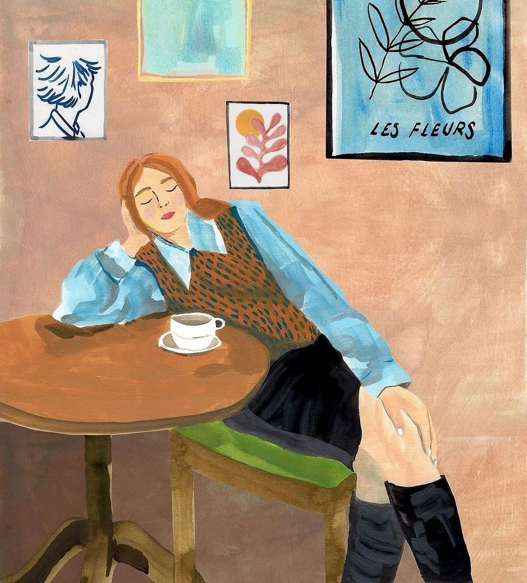 Illustration of a woman with auburn hair resting at a table in a cafe, alongside a teacup and decorative wall art.