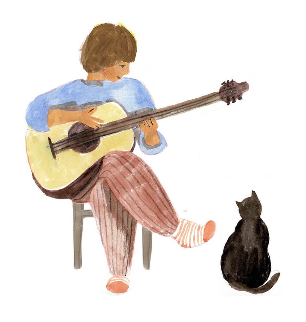 Illustration of a person with short brown hair playing a yellow acoustic guitar while sitting on a stool, with a black cat seated nearby.