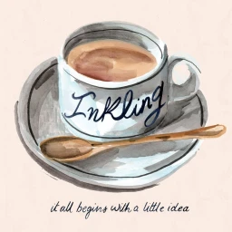 Watercolor illustration of a ceramic teacup filled with coffee on a saucer with a wooden spoon and handwritten text reading Inkling