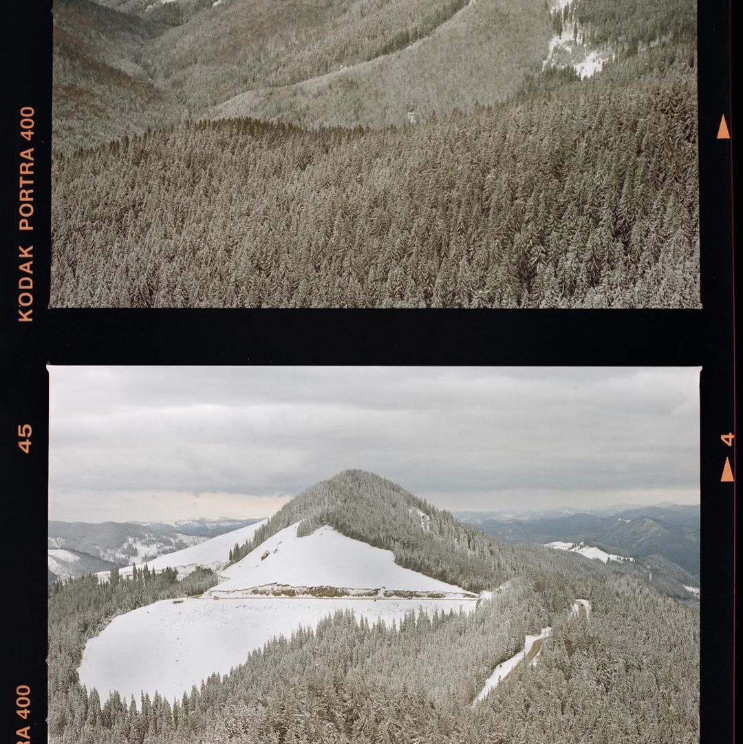 Aerial view of a snow-covered mountain range and evergreen forest landscape on an overcast day, shot on Kodak Portra 400 film.