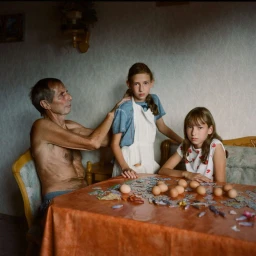 An older man sits beside two young girls at a table scattered with eggs and puzzle pieces, photographed by Laura Pannack.