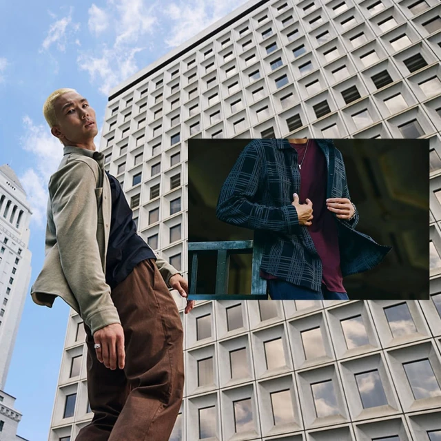 Eye-level outdoor shot of a trendy adult male in casual wear, posing in front of tall buildings. A close-up of patterned shirt inset.