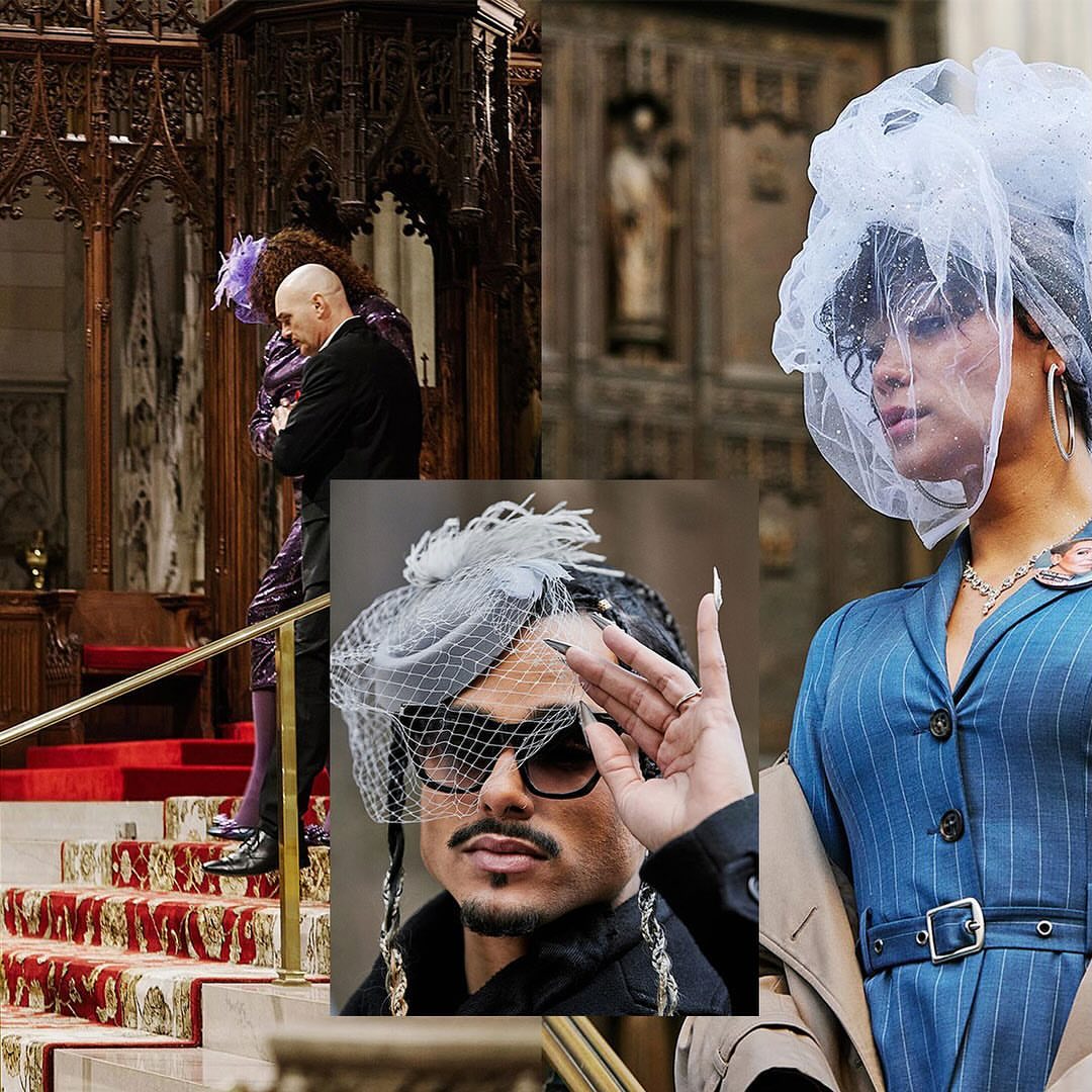 Collage of three striking individuals in unique outfits and elaborate headwear, blending fashion and architectural elements.
