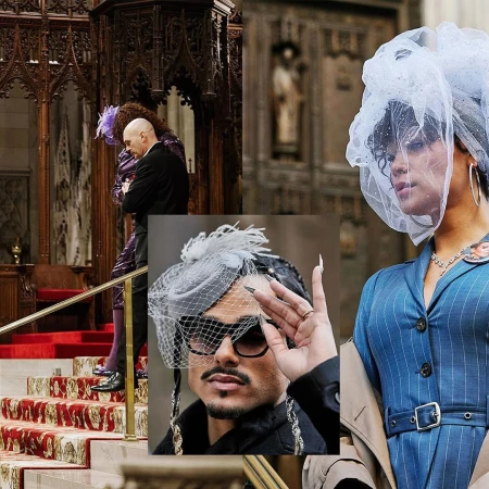 Collage of three striking individuals in unique outfits and elaborate headwear, blending fashion and architectural elements.
