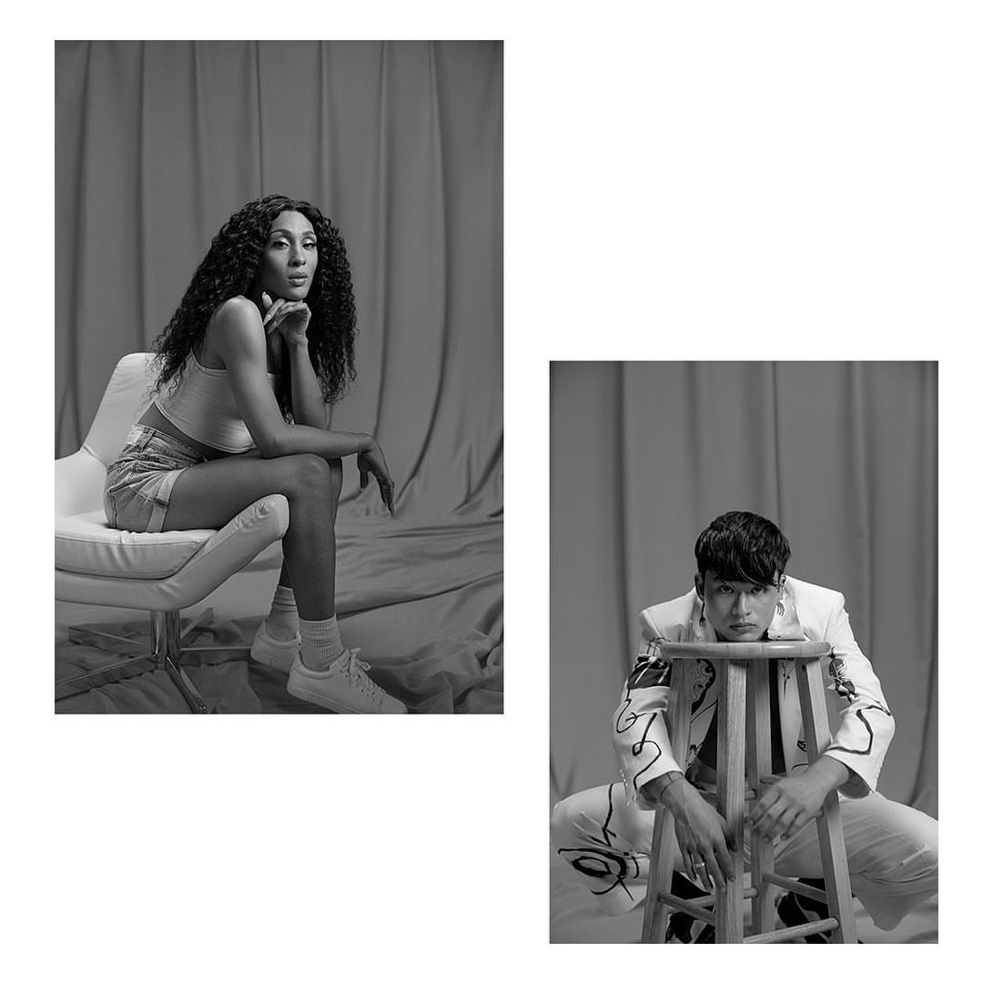 Black and white split image showing a woman in a chair and a person in a decorated jacket leaning on a stool.