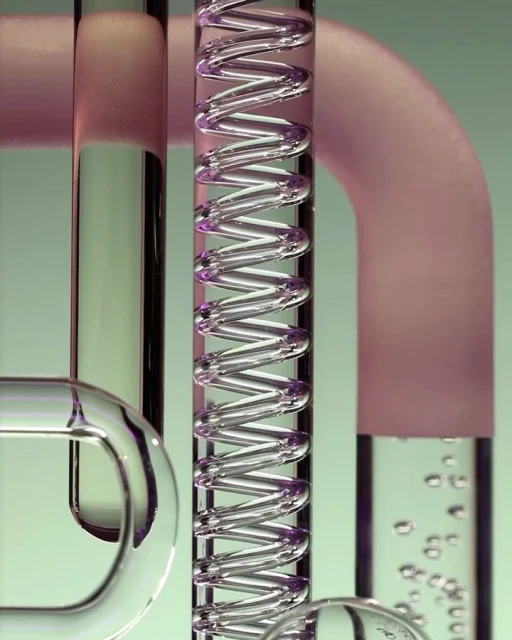 An abstract image of interconnected clear glass pipes and coils against a soft green background, creating a visually intriguing composition.