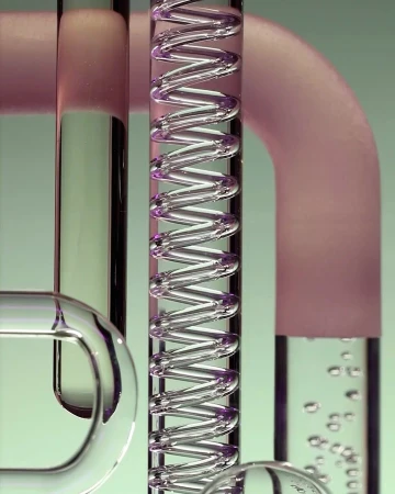 An abstract image of interconnected clear glass pipes and coils against a soft green background, creating a visually intriguing composition.
