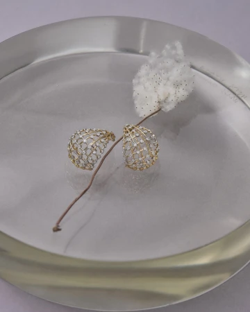 Elegant jewelry shot showcases a pair of ornate earrings on a reflective surface, enhanced by a decorative cotton branch.