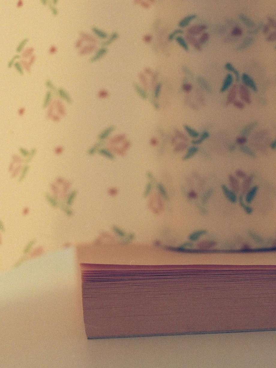 Close-up of a book with peach-colored pages sitting beneath a patterned wallpaper with floral designs in pink and green.