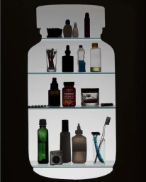 Backlit cutout silhouette of a medicine bottle shape containing multiple shelves arranged with various cosmetics and toiletry products