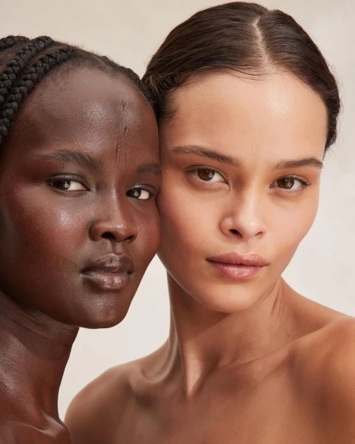 Two women with different skin tones pose close together, showcasing skincare and beauty. They have neutral facial expressions indoors.