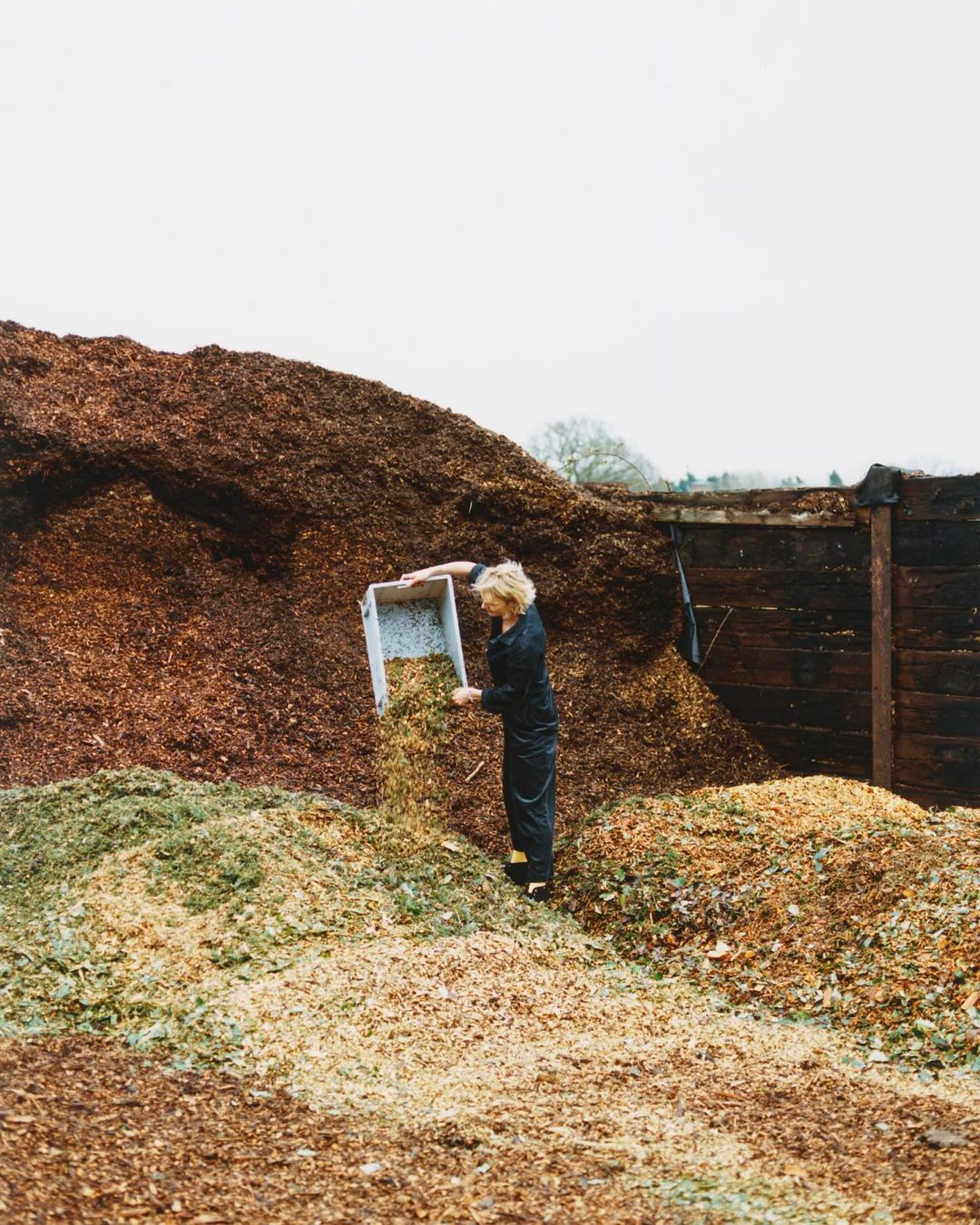 Woman unloads container of shredded material near a large mound of brown and green wood chips under a cloudy sky outdoors.
