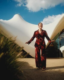 Woman in a red patterned velvet suit standing outdoors with arms outstretched before a curved white architectural pavilion.