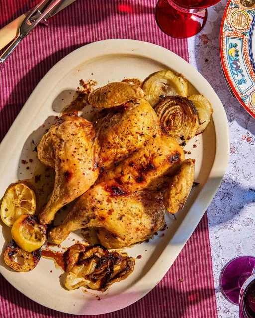 Overhead shot of a golden-brown roasted chicken served on an oval platter with caramelized onions and grilled lemon halves, with pink tablecloth.