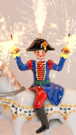 Toy figurine of a rider on a white horse with sparklers. Festive decor for special celebrations. Decorative ornament, collectible toy.