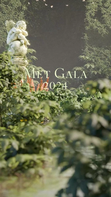 Angel statue adorns a garden with lush green foliage, and butterflies, under soft lighting with 'Met Gala 2024' text overlayed.