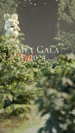 Angel statue adorns a garden with lush green foliage, and butterflies, under soft lighting with 'Met Gala 2024' text overlayed.
