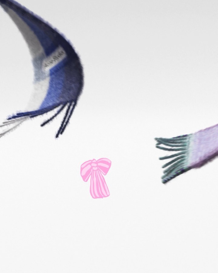 Stylized image showcases scarf fragments in blue and purple hues, complemented by a pink bow illustration against a white backdrop.