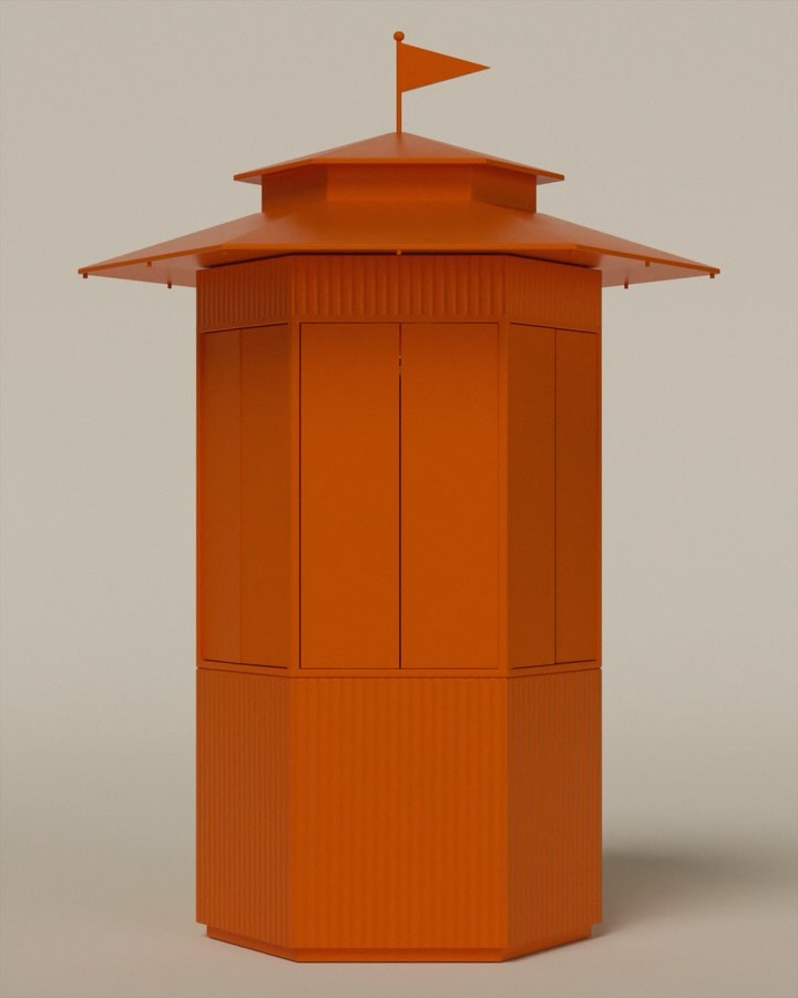 Orange lifeguard tower stands against a solid light beige backdrop, providing safety and style for beach surveillance.