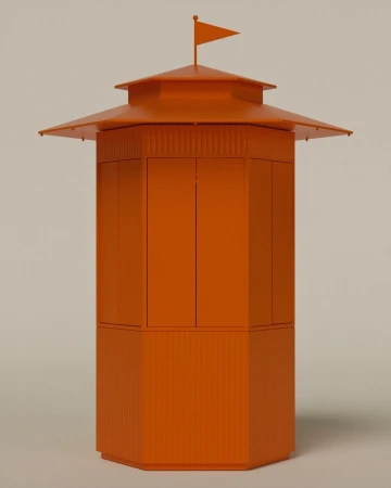 Orange lifeguard tower stands against a solid light beige backdrop, providing safety and style for beach surveillance.