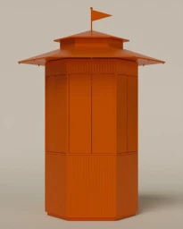 A vibrant orange octagonal kiosk structure with a multi-tiered pagoda roof and small flag against a plain grey backdrop.