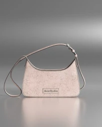 Pink cracked-leather shoulder bag with Acne Studios logo label centered on a smooth grey gradient studio background.