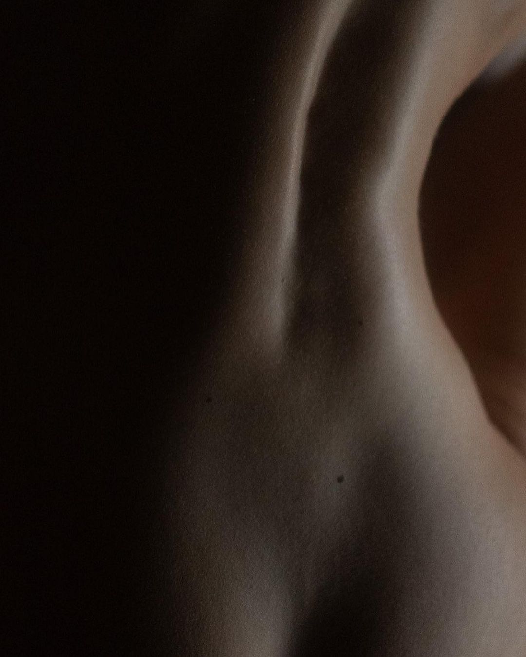 Close-up photograph of the back of an adult, skin detail and musculature. Dramatic lighting highlights the contours of the back.