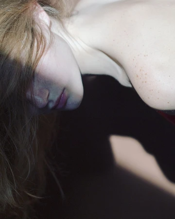 Close-up portrait of a woman with long hair and freckles on her shoulder captured by Laurent Castellani in Paris