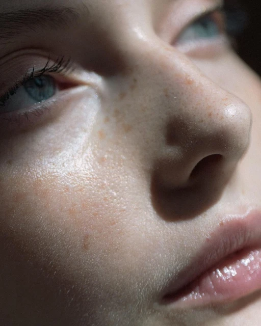 Close-up of a young woman's face with fair skin and freckles, featuring bright blue eyes and glossy lips, with soft, natural lighting.