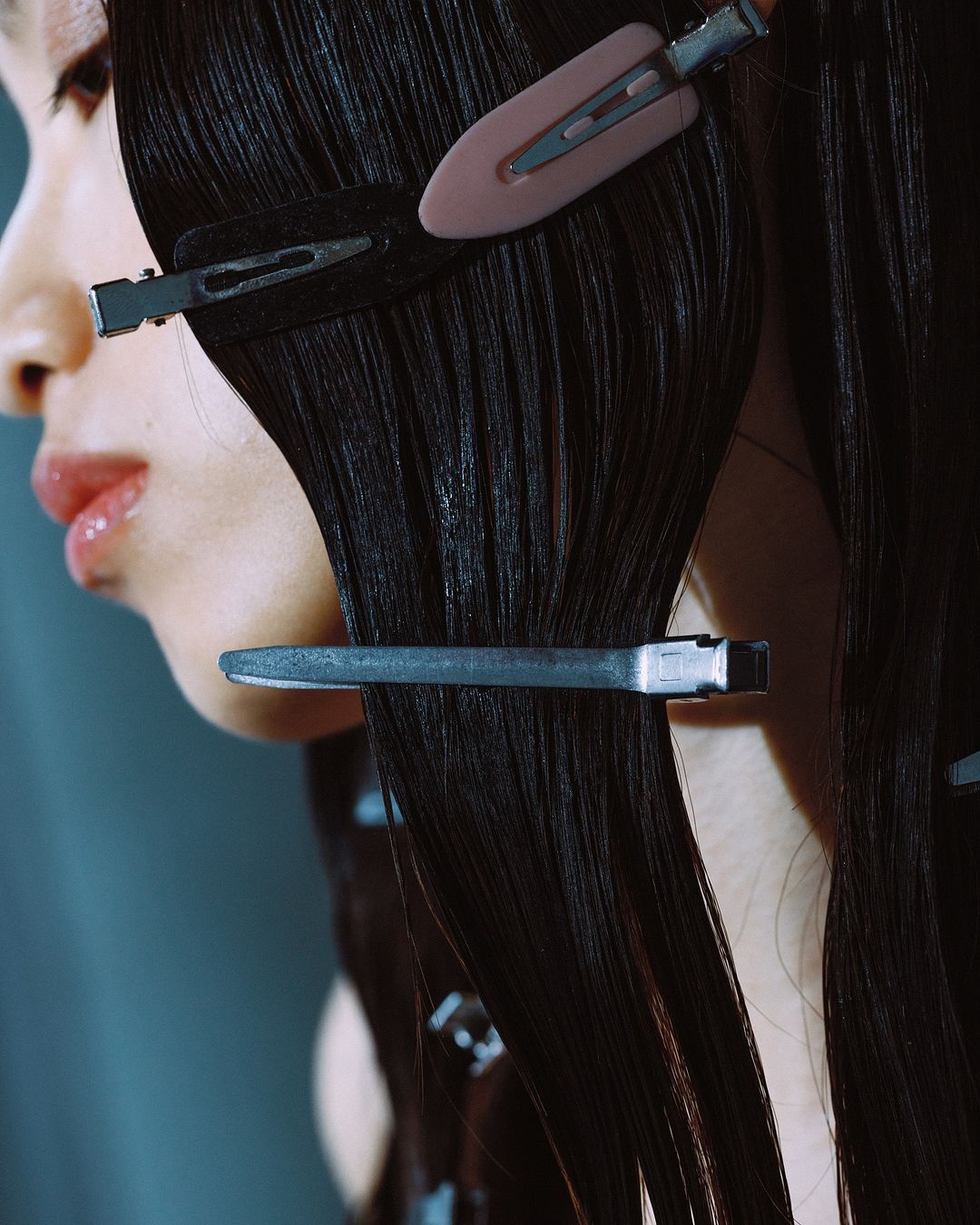 Close-up of a woman's face and dark hair styled with metal clips, soft lighting, and muted colors, emphasizing beauty and hair care.