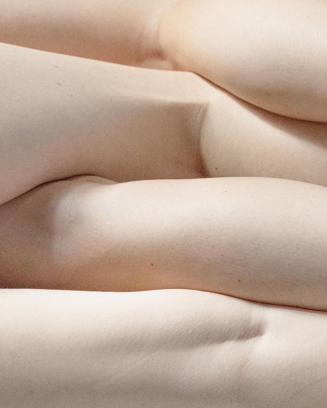 Close-up studio shot of stacked human torsos. Skin texture visible with neutral lighting. High angle and shallow depth of field.